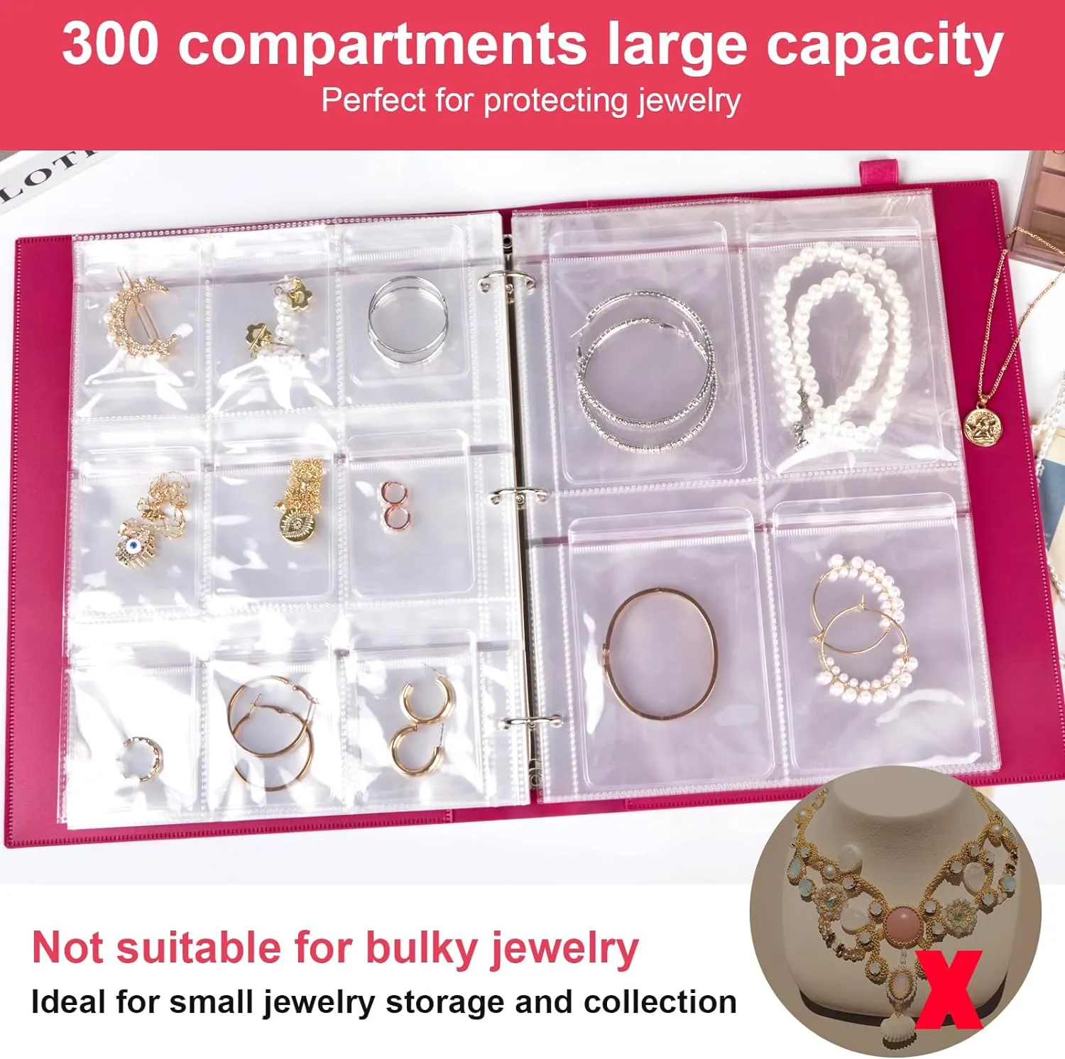 Large Transparent Jewelry Storage Book with 300 Pockets and 150 Jewelry Pouches,Travel Jewelry Organizer and Storage,Jewelry Binder Organizer for Earring,Bracelet,Necklace