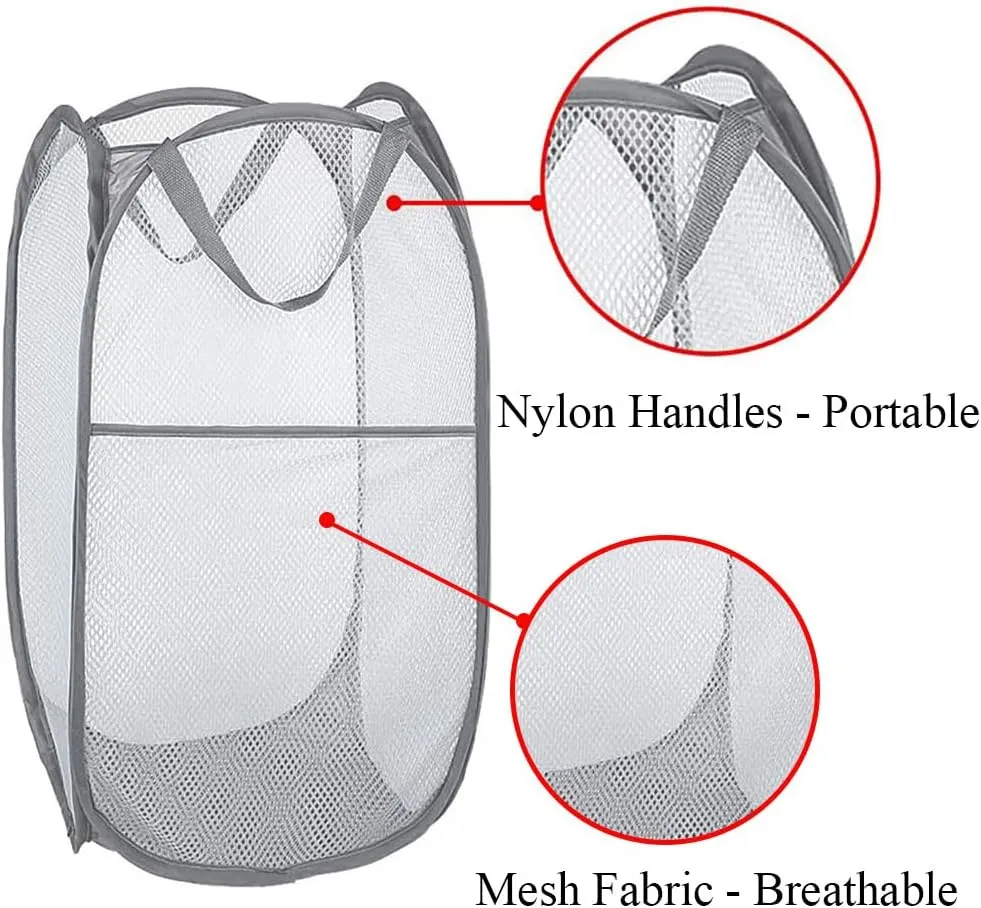 Larpur Pack of 3 Pop up Laundry Hampers, Collapsible Laundry Baskets, Portable Mesh Clothes Hampers for Kids Room, College Dorm, Bathroom, Foldable Hamper with Carry Handles, Gray