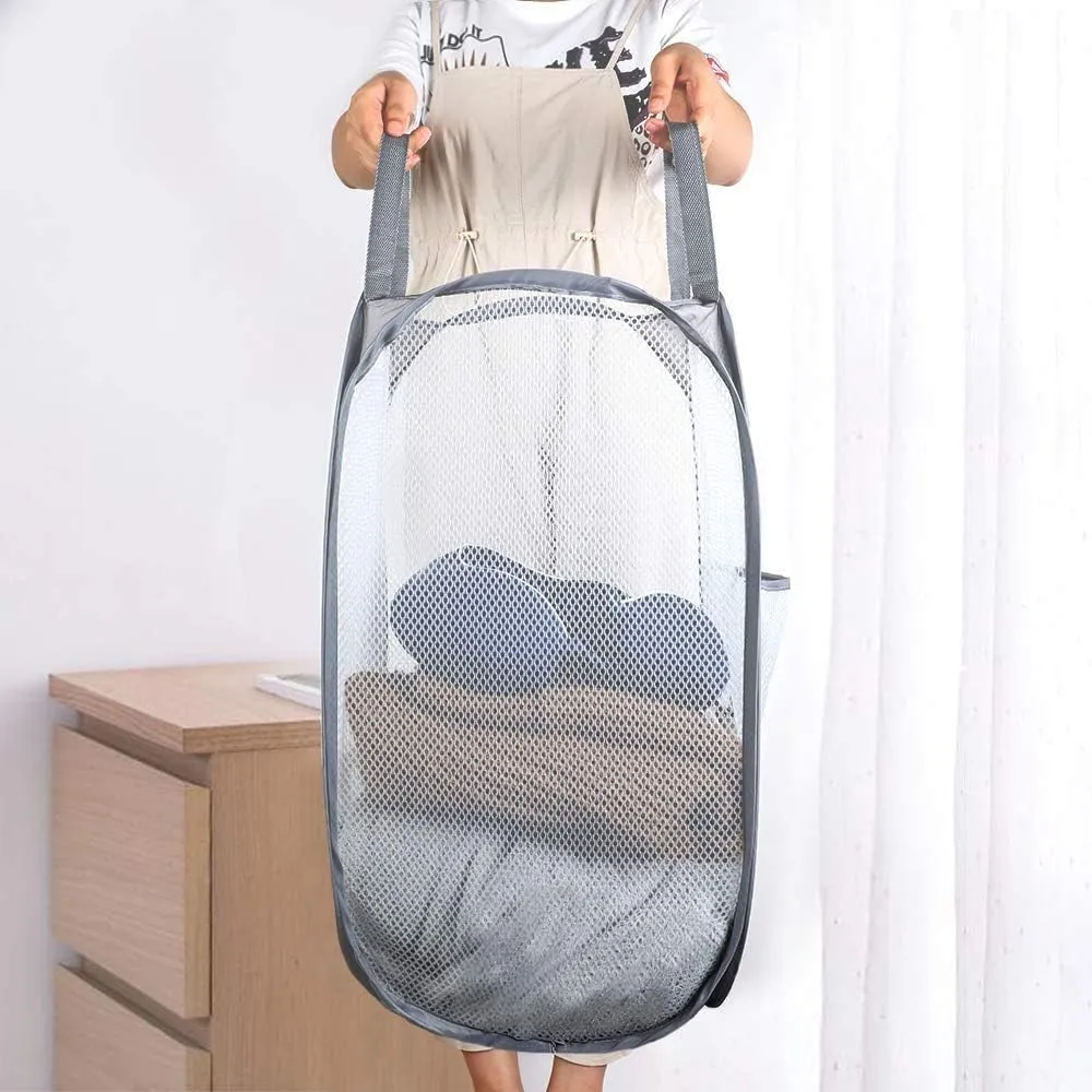 Larpur Pack of 3 Pop up Laundry Hampers, Collapsible Laundry Baskets, Portable Mesh Clothes Hampers for Kids Room, College Dorm, Bathroom, Foldable Hamper with Carry Handles, Gray