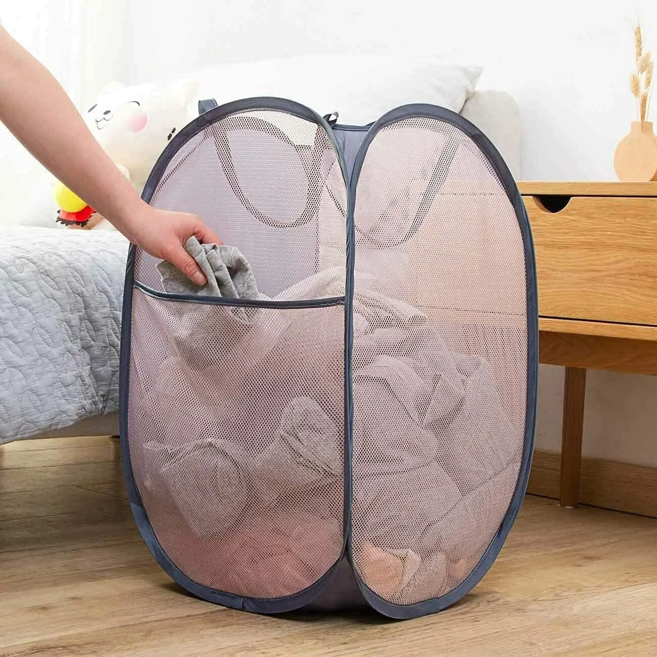 Larpur Pack of 3 Pop up Laundry Hampers, Collapsible Laundry Baskets, Portable Mesh Clothes Hampers for Kids Room, College Dorm, Bathroom, Foldable Hamper with Carry Handles, Gray