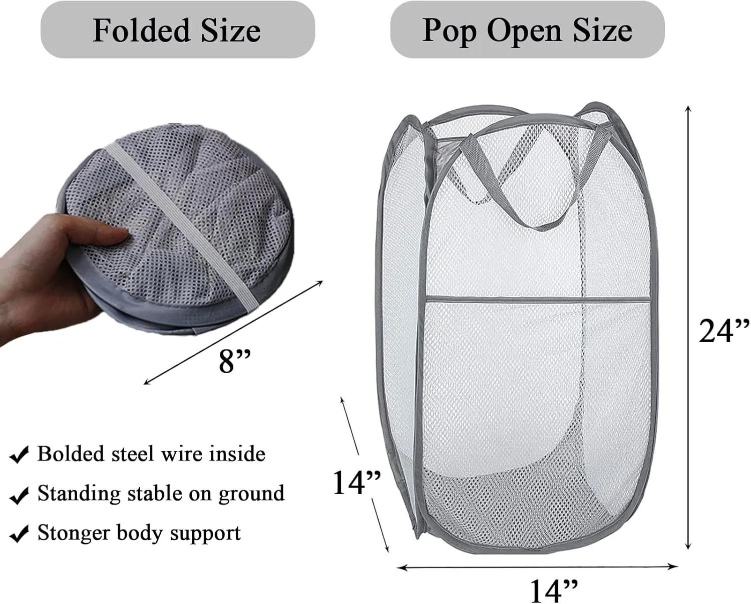 Larpur Pack of 3 Pop up Laundry Hampers, Collapsible Laundry Baskets, Portable Mesh Clothes Hampers for Kids Room, College Dorm, Bathroom, Foldable Hamper with Carry Handles, Gray