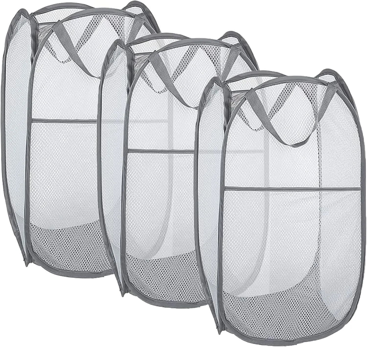 Larpur Pack of 3 Pop up Laundry Hampers, Collapsible Laundry Baskets, Portable Mesh Clothes Hampers for Kids Room, College Dorm, Bathroom, Foldable Hamper with Carry Handles, Gray