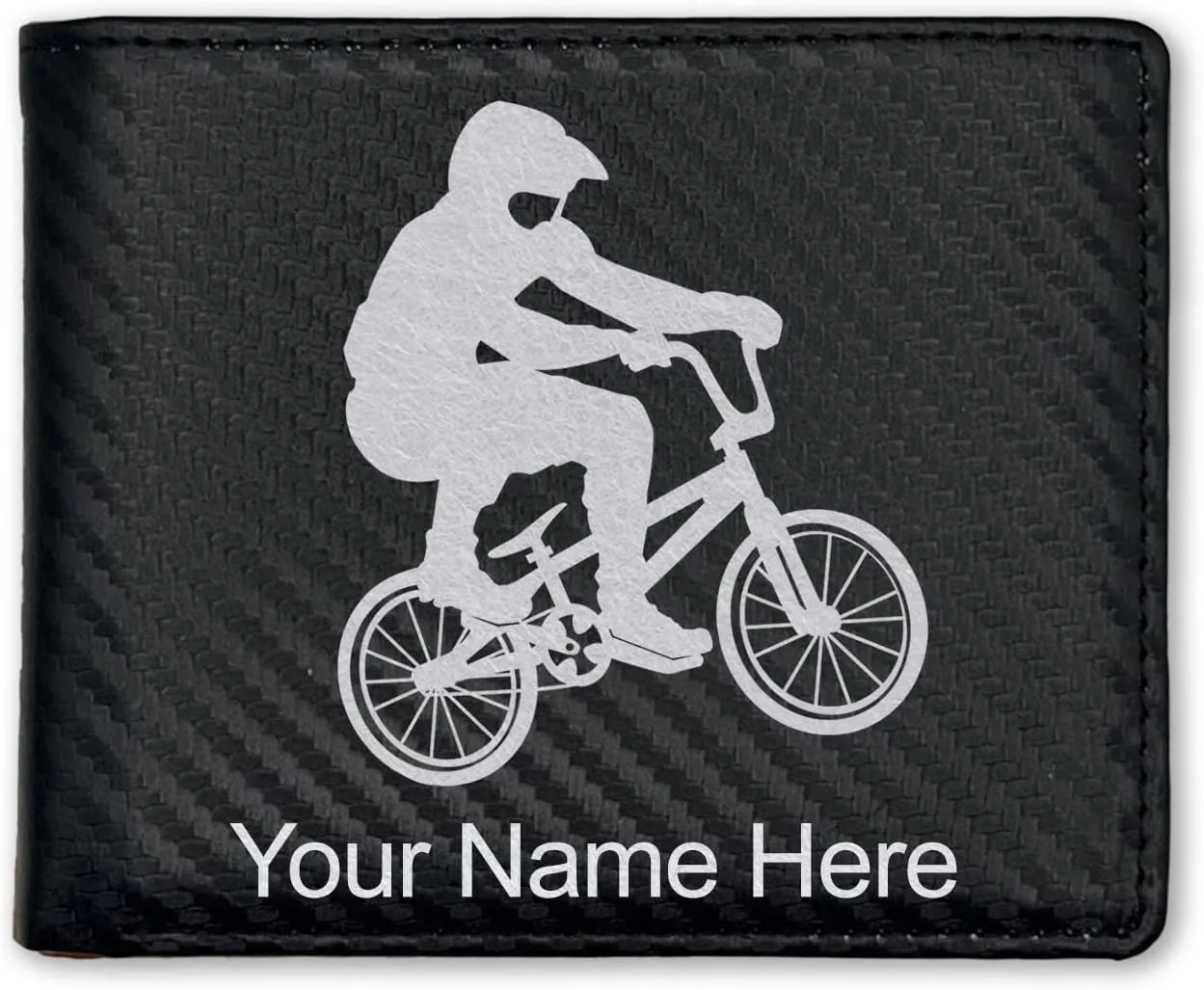 LaserGram Faux Leather Bi-Fold Wallet, BMX Rider, Personalized Engraving Included (Carbon Fiber Black with Silver)
