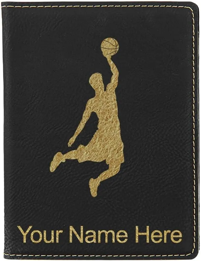 LaserGram Faux Leather Passport Holder, Basketball Slam Dunk Man, Personalized Engraving Included (Black with Gold)