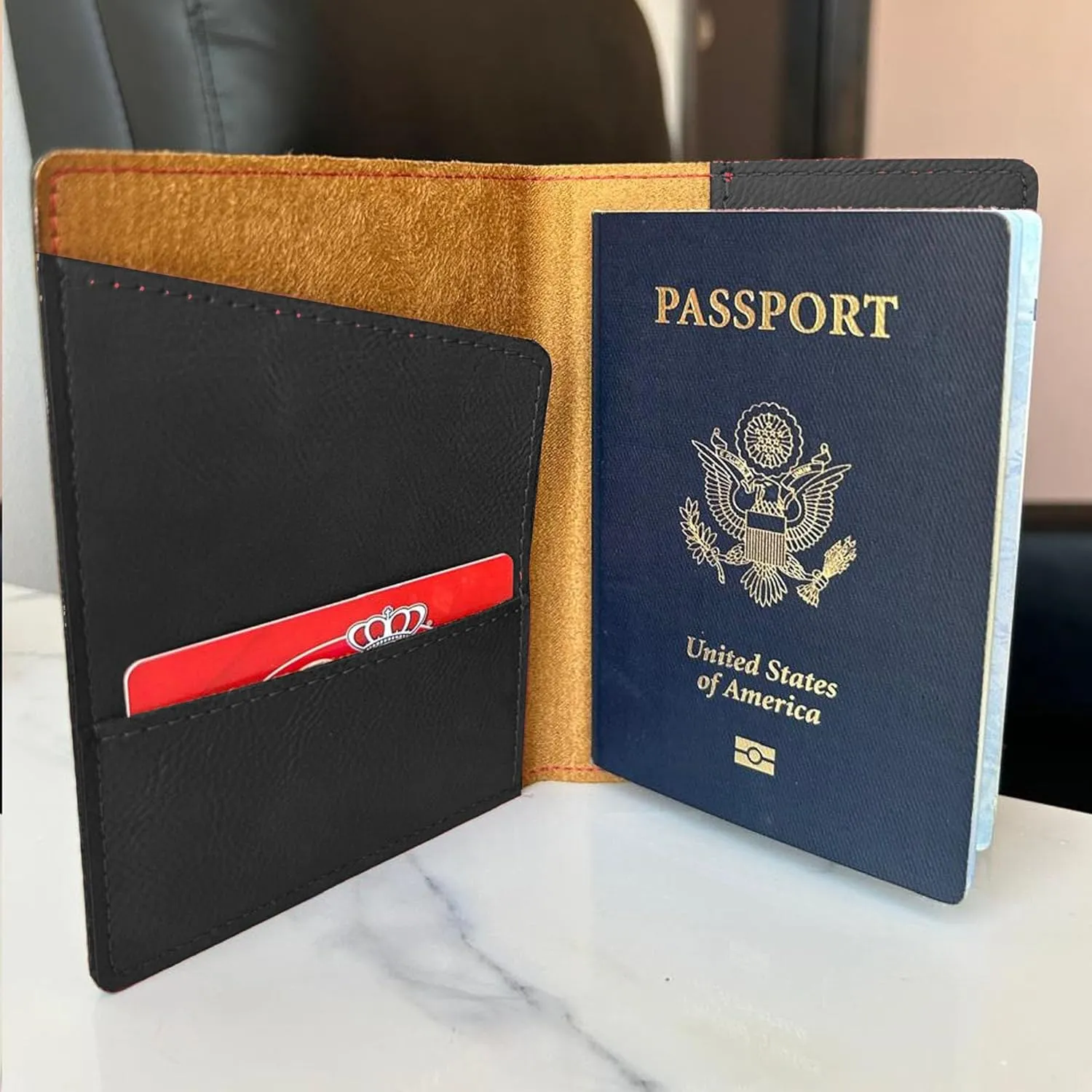 LaserGram Faux Leather Passport Holder, Basketball Slam Dunk Man, Personalized Engraving Included (Black with Gold)