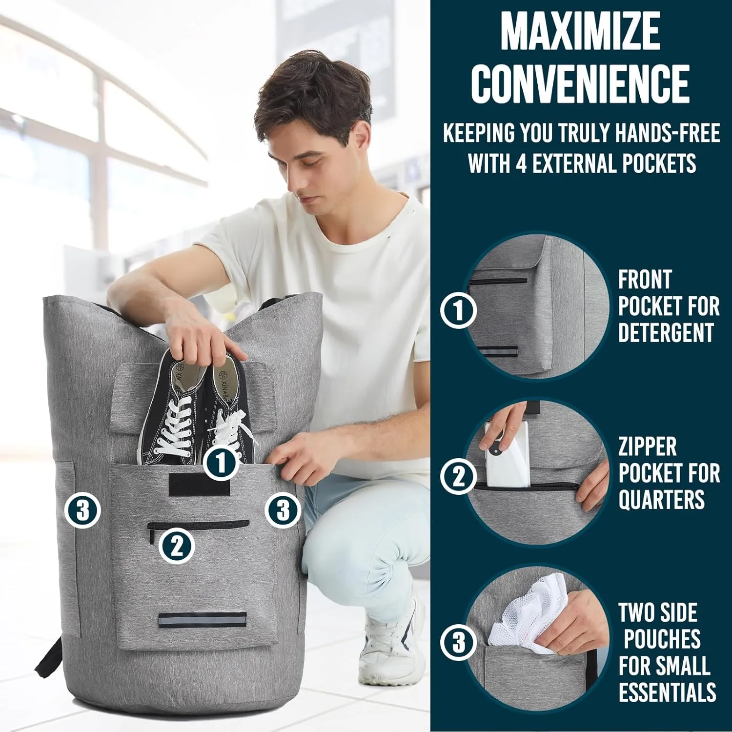 Laundry Backpack Bag, 115L Extra Large Laundry Bag with Straps, Heavy Duty Laundry Backpack with 4 Pockets, Sturdy College Backpack Laundry Bags, XL Laundromat Bags for College Dorm Room, Apartment