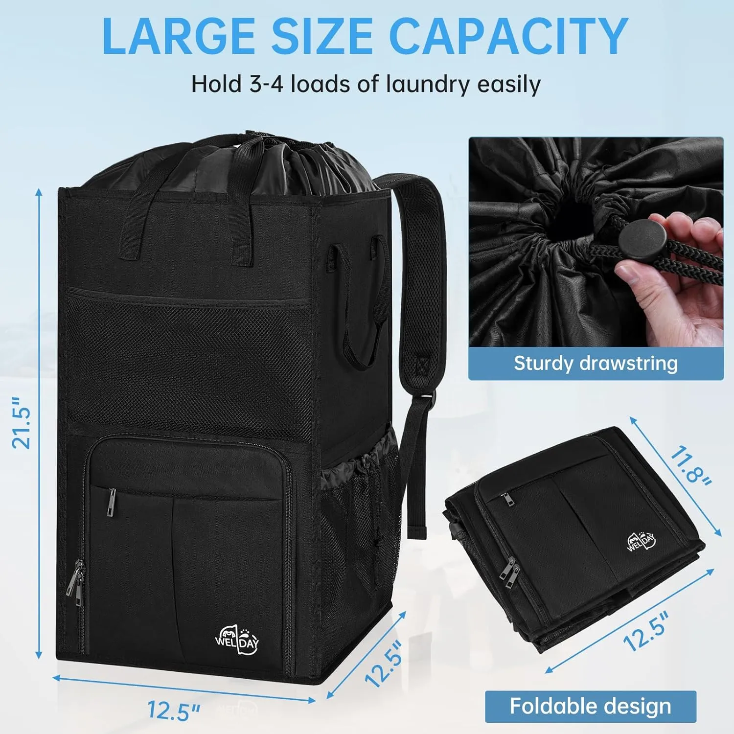 Laundry Backpack Bag, Extra Large 2 in 1 Laundry Hamper Basket with Shoulder Straps, Freestanding Laundry Bag for College Dorm, Laundromat, Apartment
