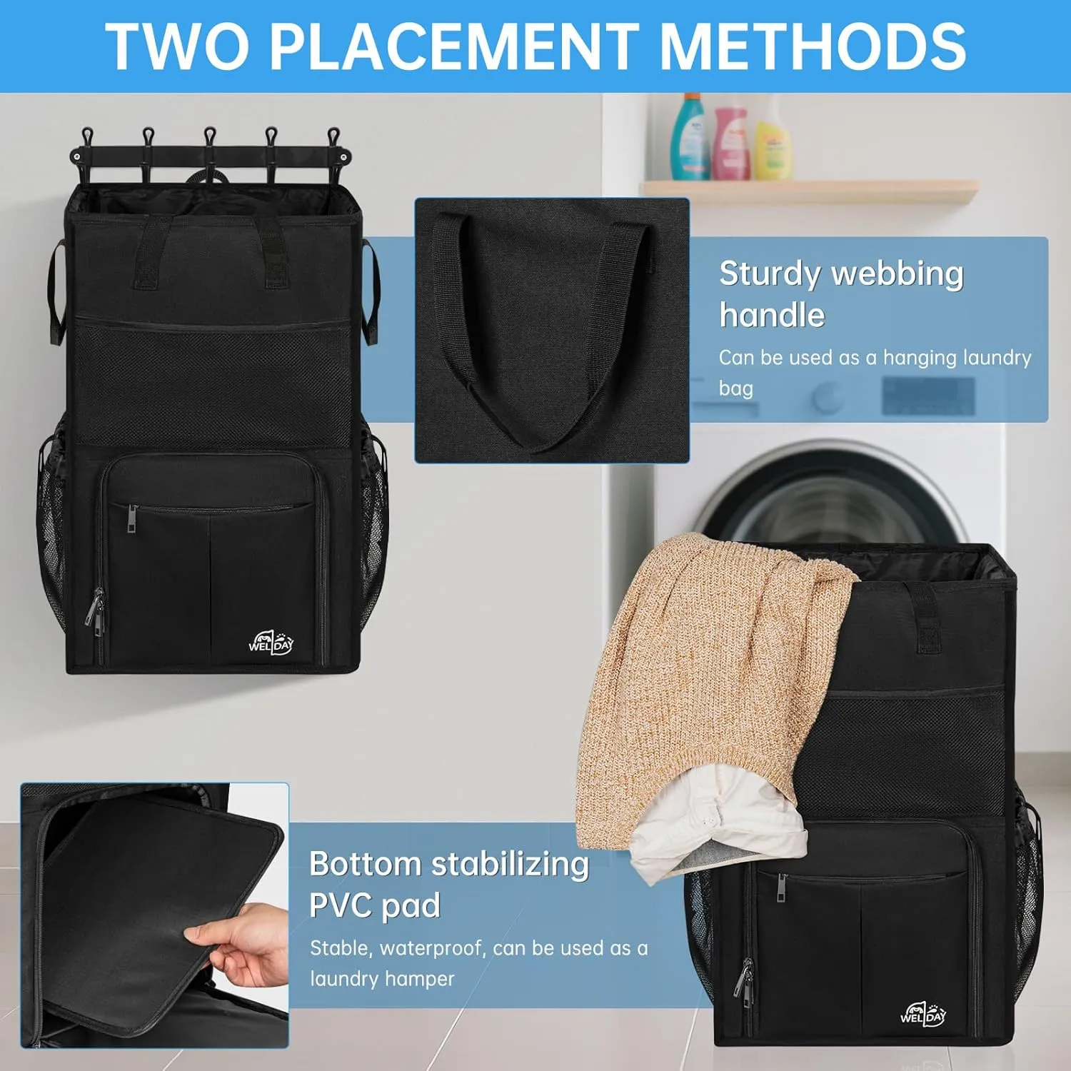Laundry Backpack Bag, Extra Large 2 in 1 Laundry Hamper Basket with Shoulder Straps, Freestanding Laundry Bag for College Dorm, Laundromat, Apartment
