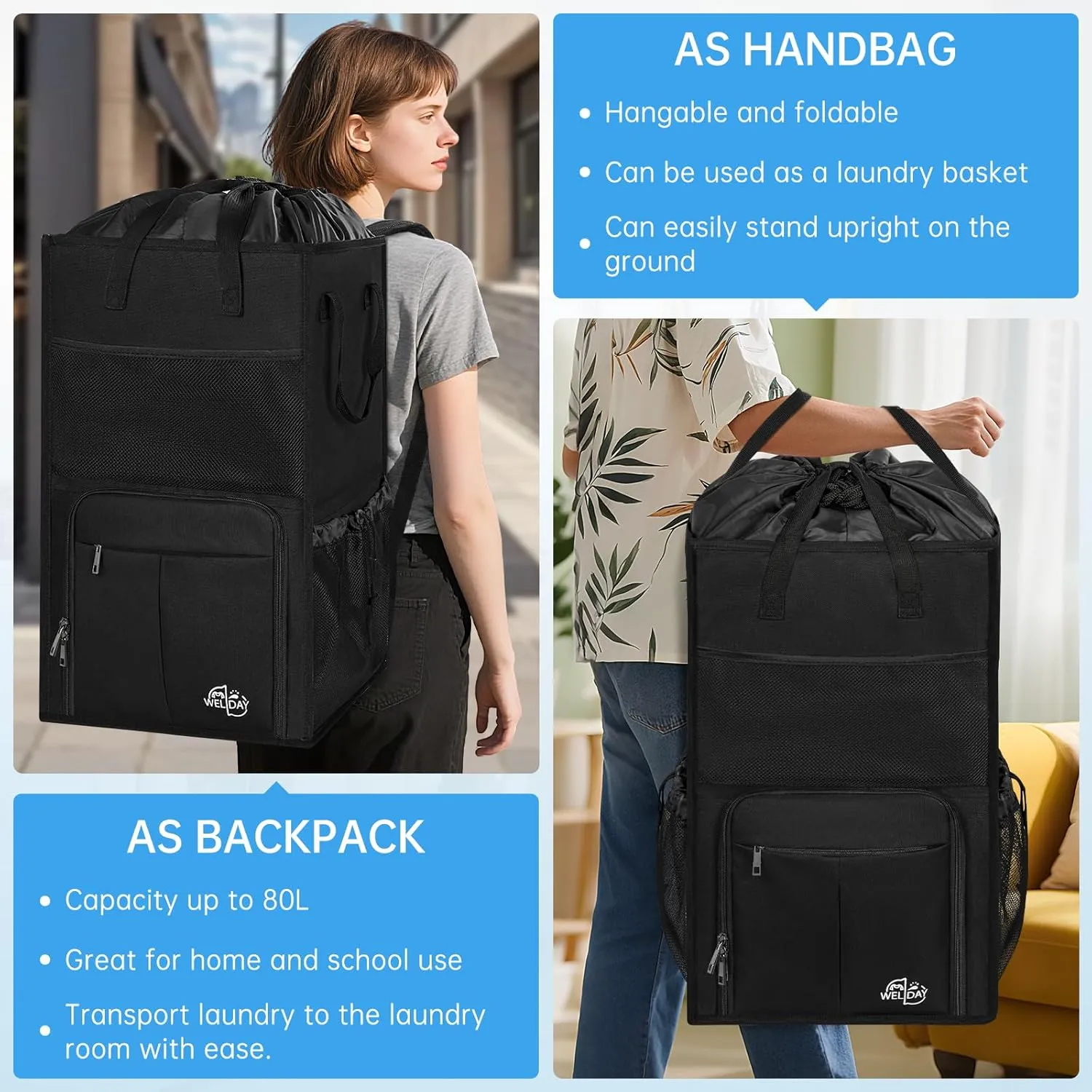 Laundry Backpack Bag, Extra Large 2 in 1 Laundry Hamper Basket with Shoulder Straps, Freestanding Laundry Bag for College Dorm, Laundromat, Apartment