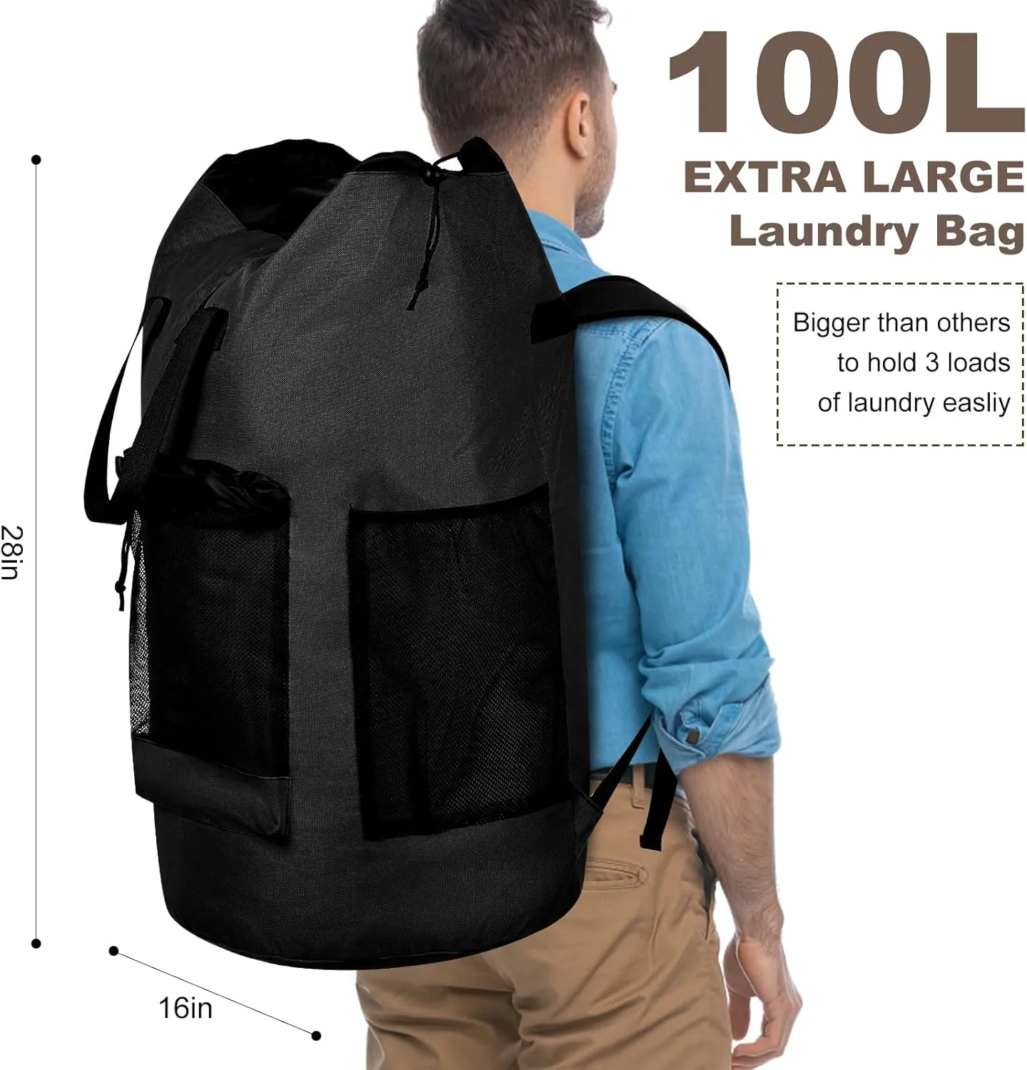 Laundry Backpack Bag,with 3 Pockets,for Dorm, Apartment and Laundromat, Laundry Duffle Bag for Travel,Beach,Camping