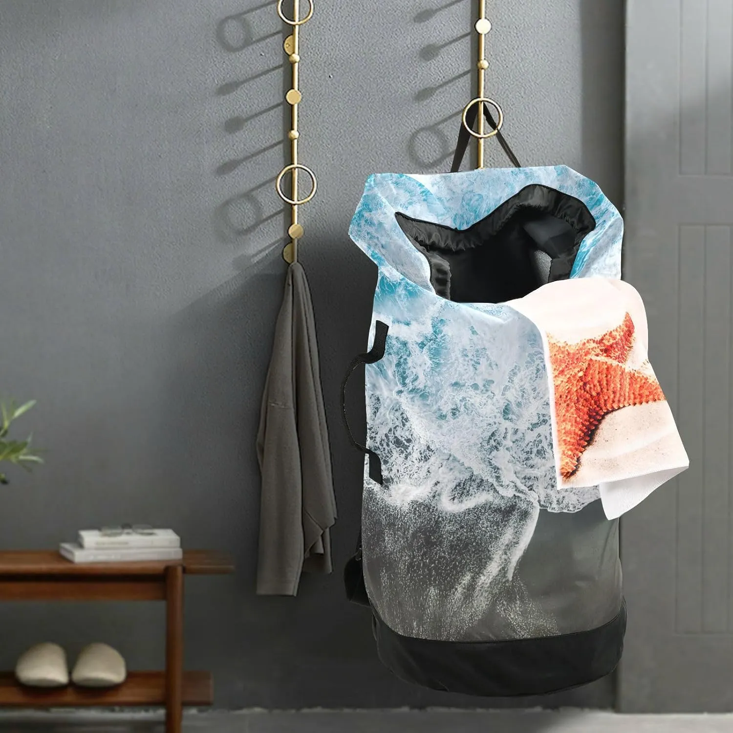 Laundry Bag Backpack Travel Hanging Laundry Bags Extra Large Heavy Duty with Handles Adjusted Shoulder Straps Drawstring Dirty Clothes Backpack For College Dorm Gym Hotel Blue Seawater