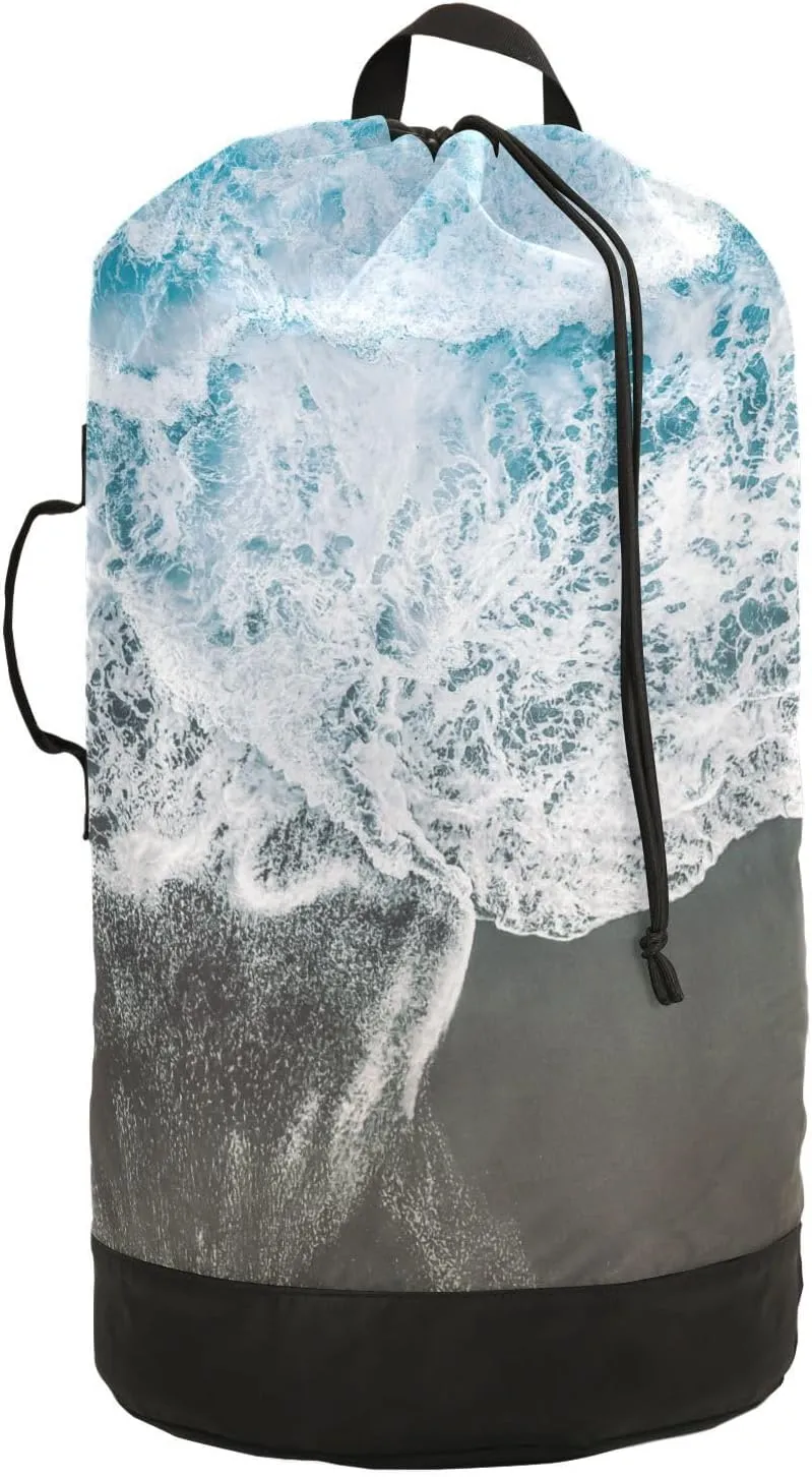 Laundry Bag Backpack Travel Hanging Laundry Bags Extra Large Heavy Duty with Handles Adjusted Shoulder Straps Drawstring Dirty Clothes Backpack For College Dorm Gym Hotel Blue Seawater