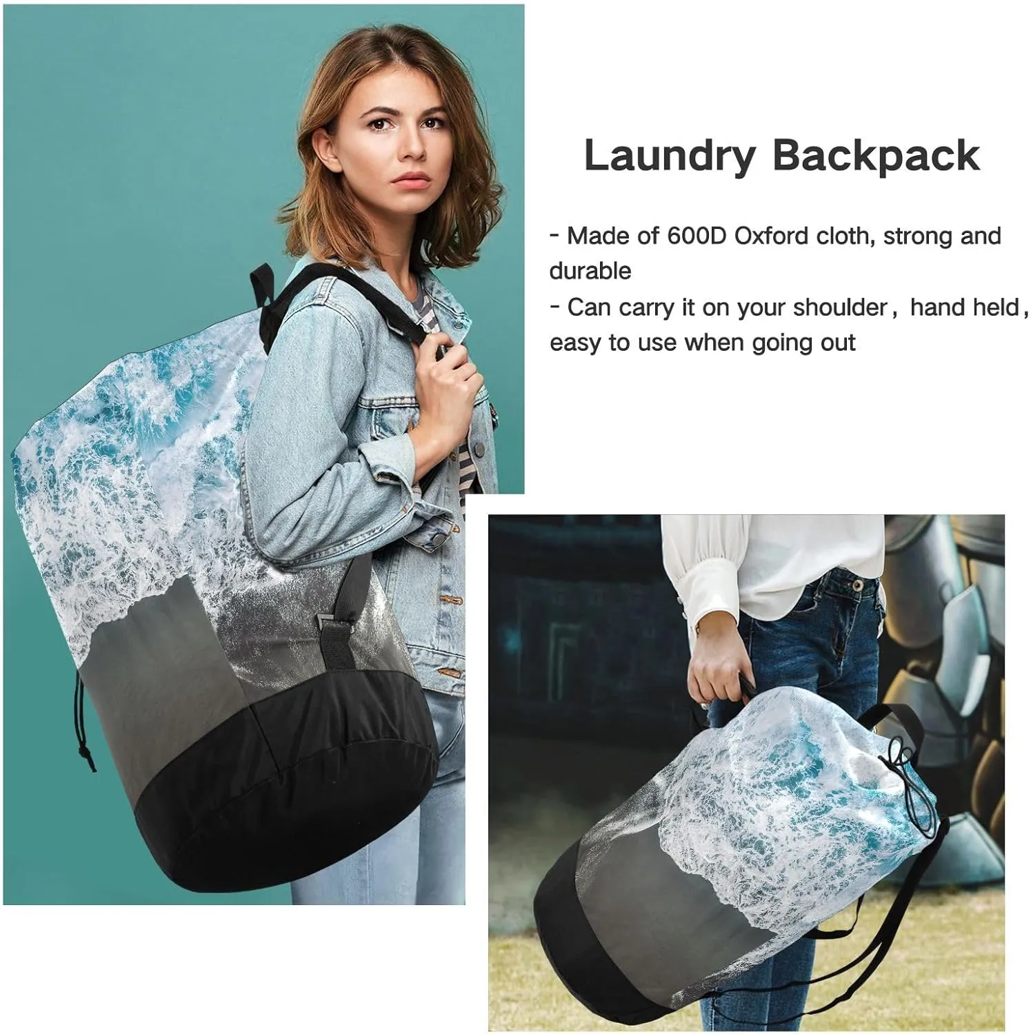 Laundry Bag Backpack Travel Hanging Laundry Bags Extra Large Heavy Duty with Handles Adjusted Shoulder Straps Drawstring Dirty Clothes Backpack For College Dorm Gym Hotel Blue Seawater