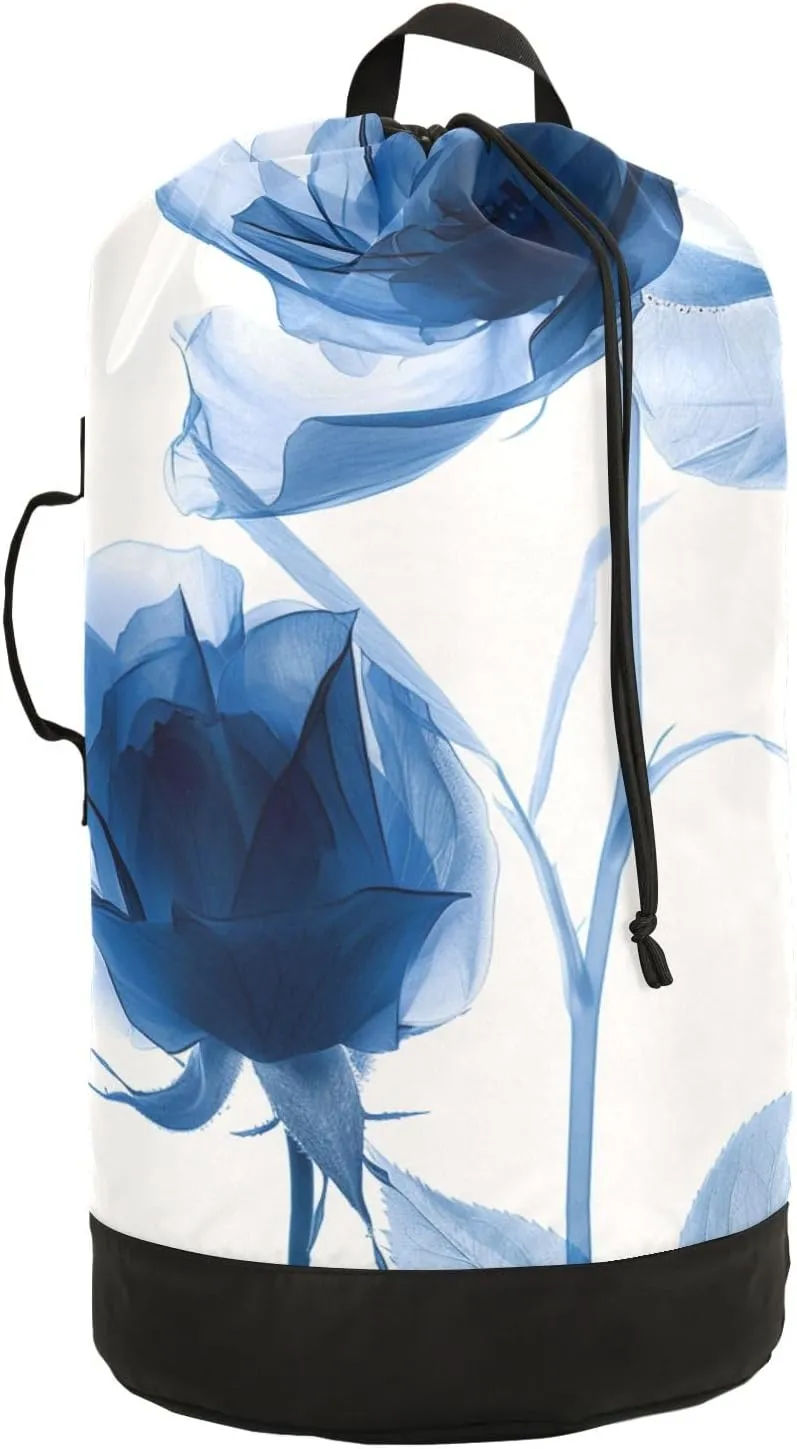 Laundry Bag Backpack Waterproof Beach Bag Clothes Hamper Bag Blue Rose Translucent 2 Large for Travel Camping Hiking Foldable Lightweight