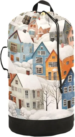 Laundry Bag Backpack Waterproof Beach Bag Clothes Hamper Bag Cottage Snow Winter Large for Travel Camping Hiking Foldable Lightweight
