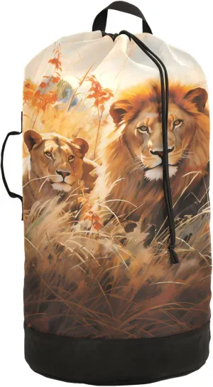 Laundry Bag Backpack Waterproof Beach Bag Clothes Hamper Bag Lion African Savannah Large for Travel Camping Hiking Foldable Lightweight