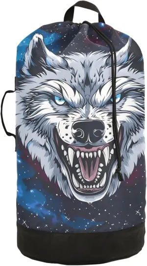 Laundry Bag Backpack Waterproof Beach Bag Clothes Hamper Bag Roar Wolf Face Large for Travel Camping Hiking Foldable Lightweight