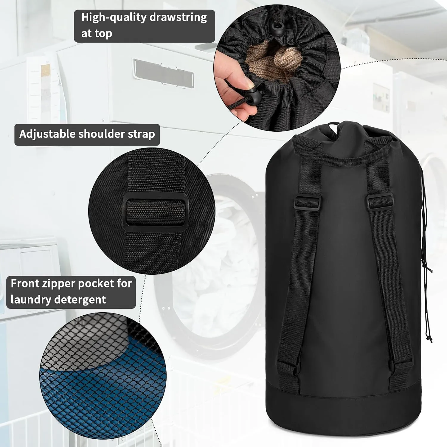 Laundry Bag Backpack with Shoulder Straps and Mesh Pocket Foldable Laundry Hamper for College, Apartment, Laundromat (Black)