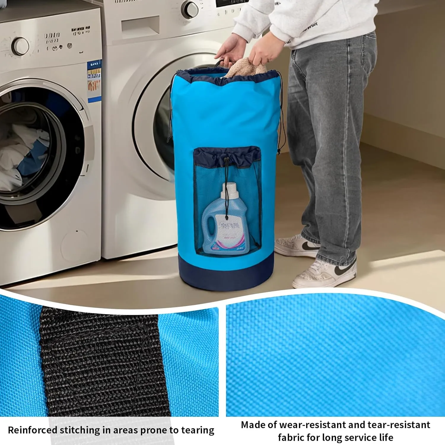 Laundry Bag Backpack with Shoulder Straps and Mesh Pocket Foldable Laundry Hamper for College, Apartment, Laundromat (Blue)