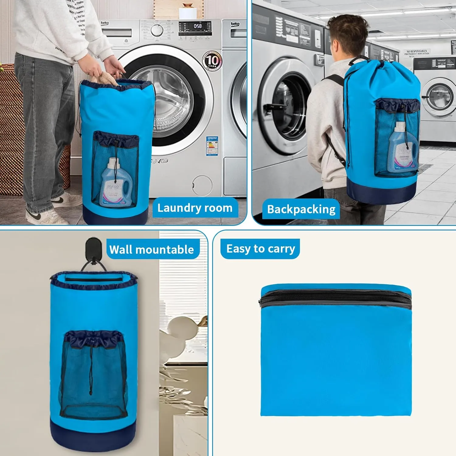 Laundry Bag Backpack with Shoulder Straps and Mesh Pocket Foldable Laundry Hamper for College, Apartment, Laundromat (Blue)