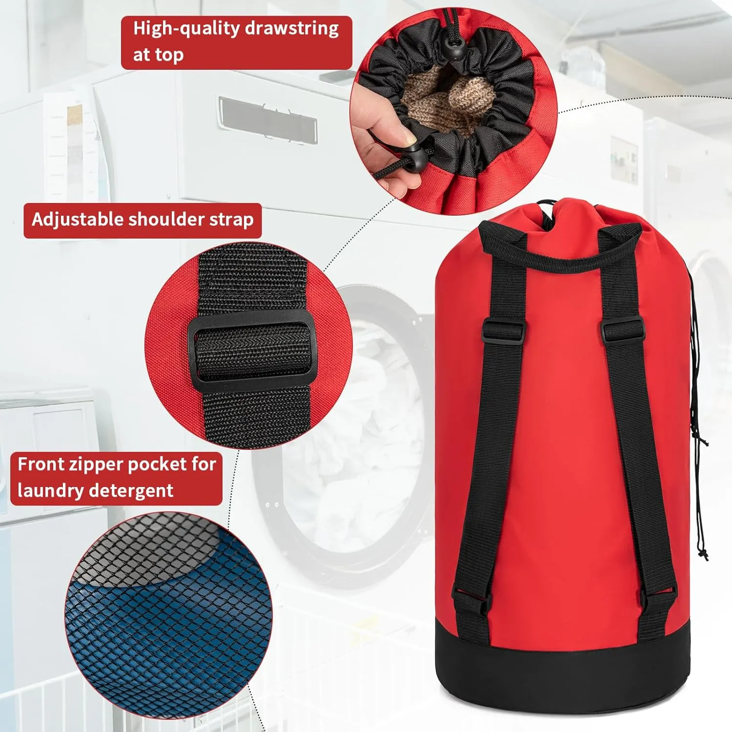 Laundry Bag Backpack with Shoulder Straps and Mesh Pocket Foldable Laundry Hamper for College, Apartment, Laundromat (Red)