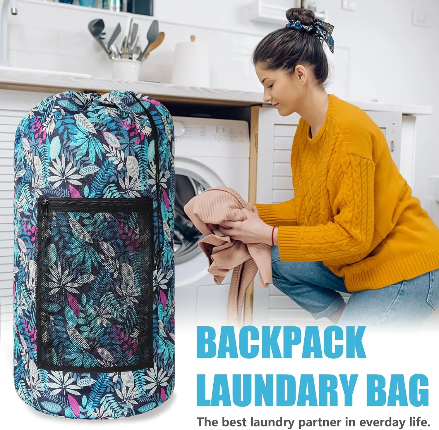 Laundry Bag Backpack,Portable with Adjustable Shoulder Straps Travel Dirty Laundry Bag,with Drawstring Closure & Mesh Pocket Backpack Laundry Bag for College,Apartment,Camping(Green Leaf)