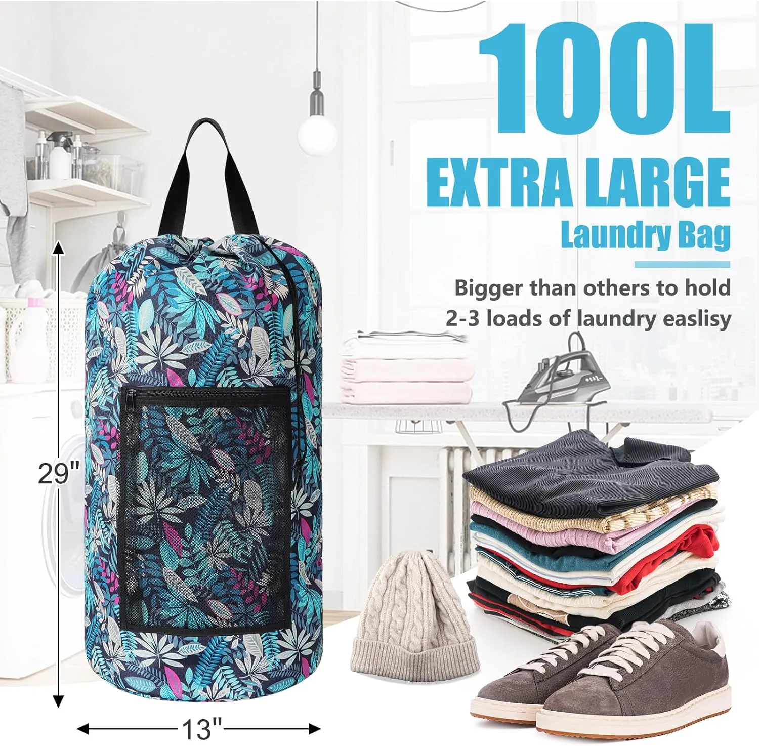 Laundry Bag Backpack,Portable with Adjustable Shoulder Straps Travel Dirty Laundry Bag,with Drawstring Closure & Mesh Pocket Backpack Laundry Bag for College,Apartment,Camping(Green Leaf)
