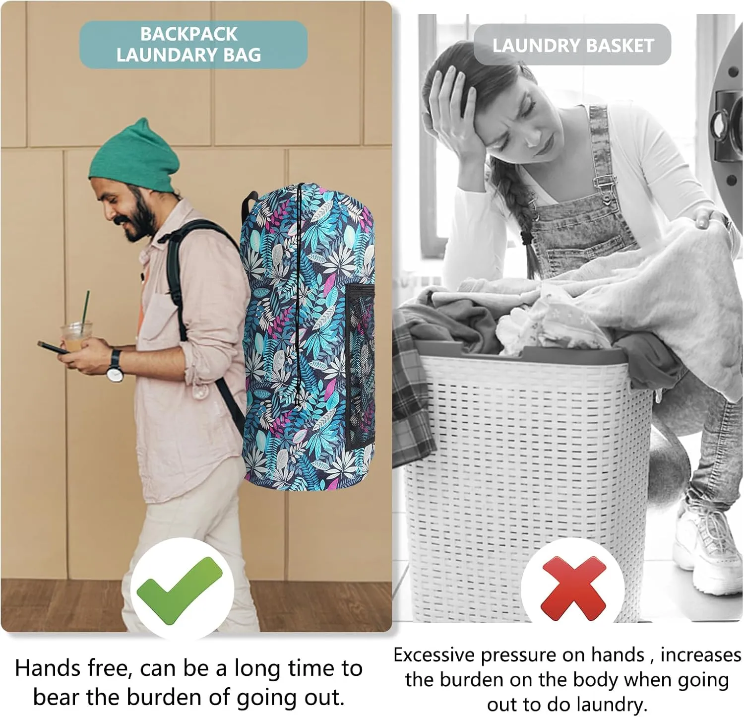 Laundry Bag Backpack,Portable with Adjustable Shoulder Straps Travel Dirty Laundry Bag,with Drawstring Closure & Mesh Pocket Backpack Laundry Bag for College,Apartment,Camping(Green Leaf)