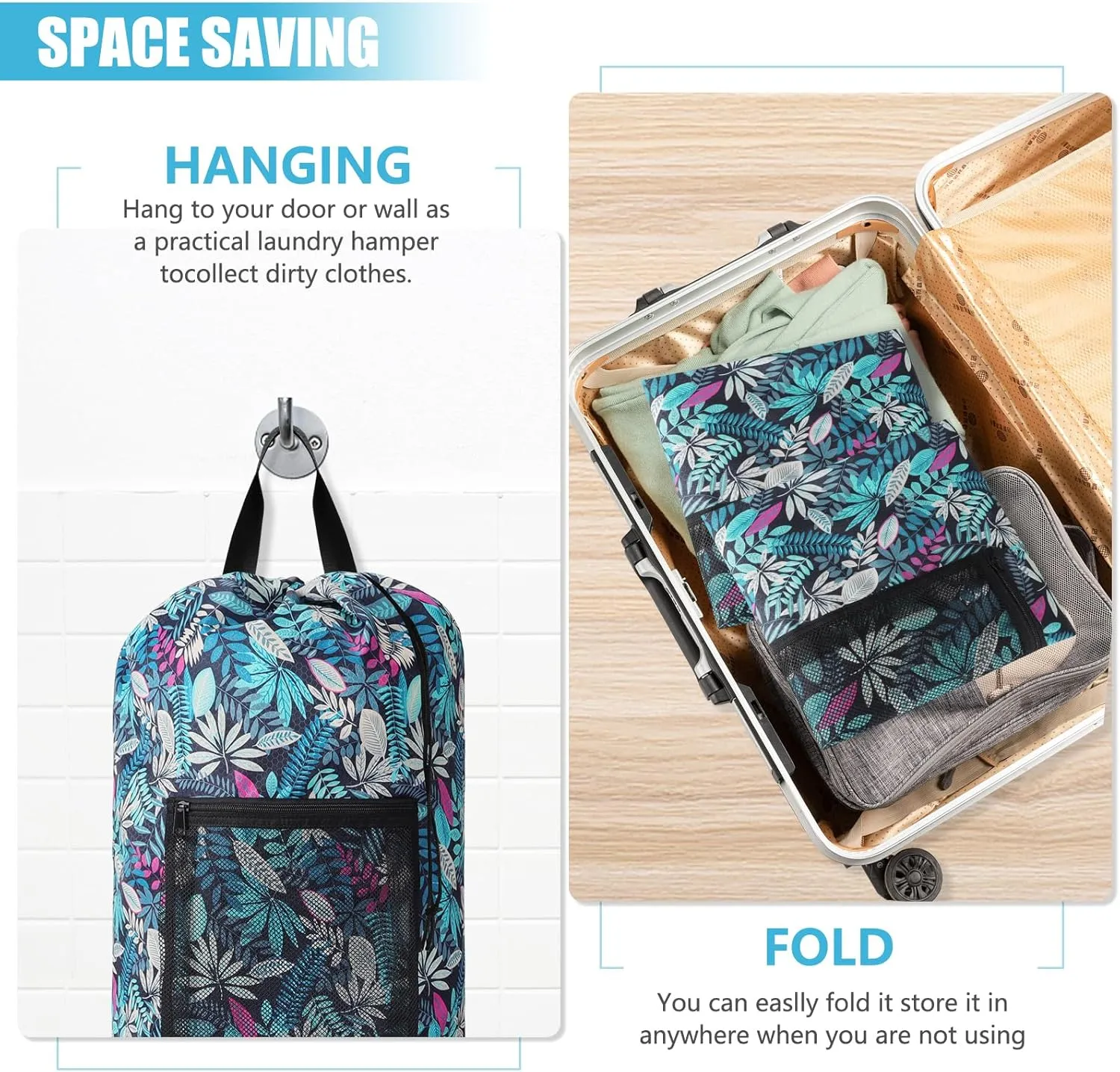 Laundry Bag Backpack,Portable with Adjustable Shoulder Straps Travel Dirty Laundry Bag,with Drawstring Closure & Mesh Pocket Backpack Laundry Bag for College,Apartment,Camping(Green Leaf)