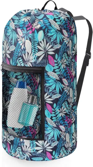 Laundry Bag Backpack,Portable with Adjustable Shoulder Straps Travel Dirty Laundry Bag,with Drawstring Closure & Mesh Pocket Backpack Laundry Bag for College,Apartment,Camping(Green Leaf)