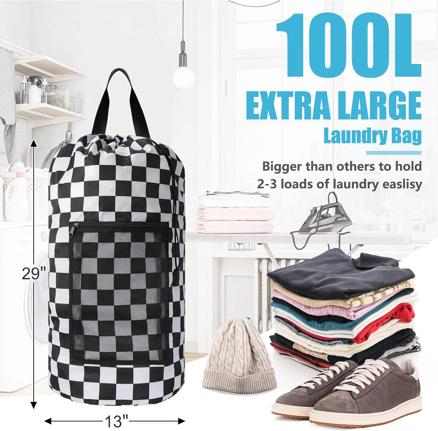 Laundry Bag Backpack,Portable with Adjustable Shoulder Straps Travel Dirty Laundry Bag,with Drawstring Closure & Mesh Pocket Backpack Laundry Bag for College,Apartment,Camping(Positive Square)