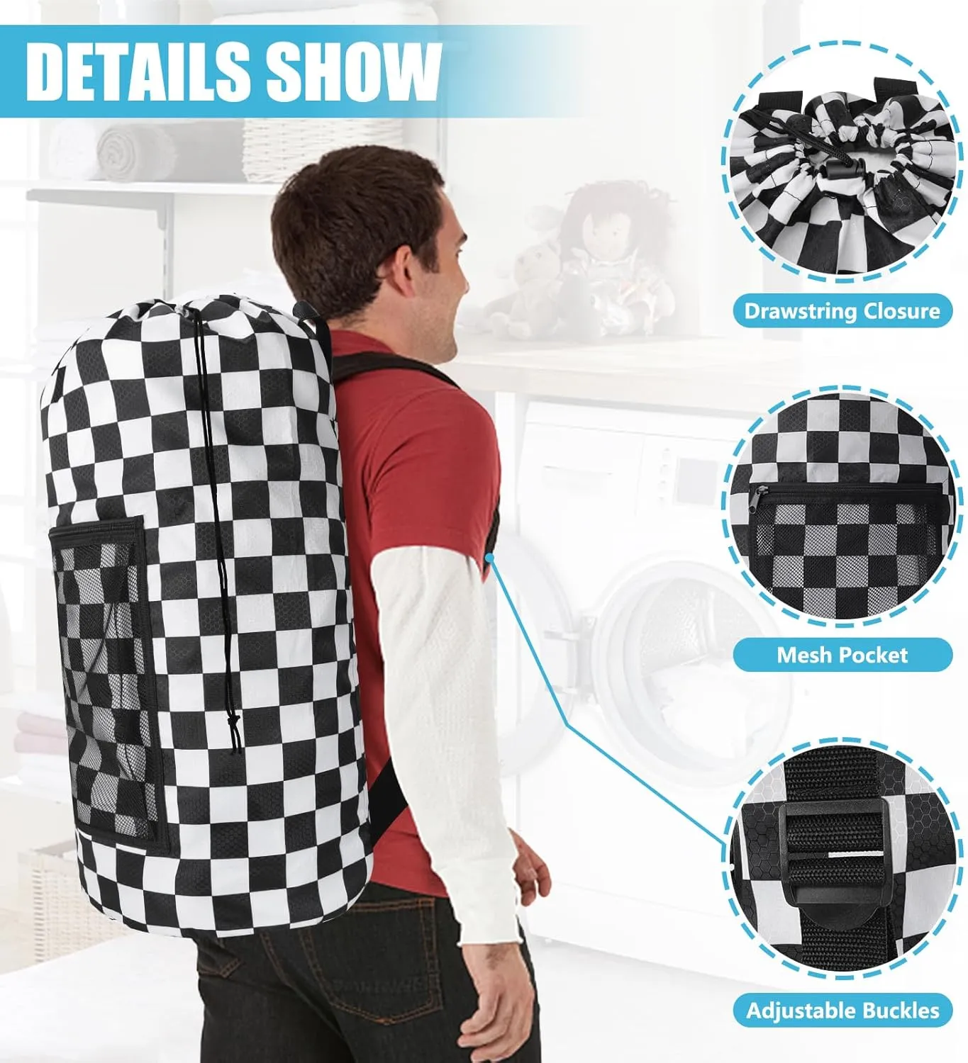 Laundry Bag Backpack,Portable with Adjustable Shoulder Straps Travel Dirty Laundry Bag,with Drawstring Closure & Mesh Pocket Backpack Laundry Bag for College,Apartment,Camping(Positive Square)