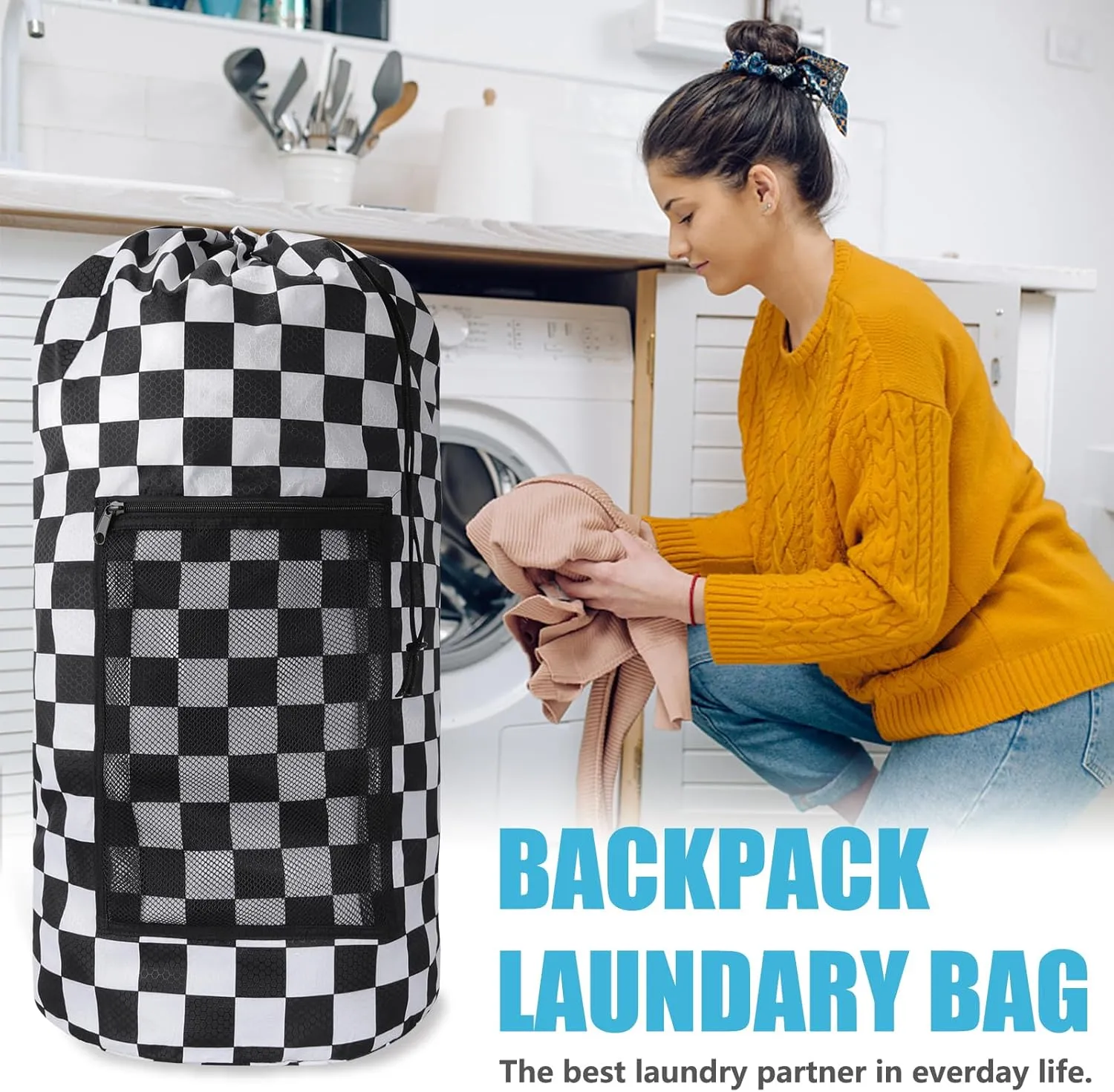 Laundry Bag Backpack,Portable with Adjustable Shoulder Straps Travel Dirty Laundry Bag,with Drawstring Closure & Mesh Pocket Backpack Laundry Bag for College,Apartment,Camping(Positive Square)