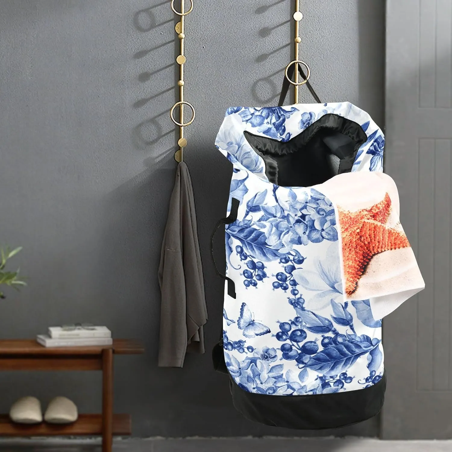 Laundry Bag Backpack,Travel Laundry Bags with Shoulder Straps Oxford Large Hanging Laundry Hamper Bag for College,Laundromat,Apartment Blue and White