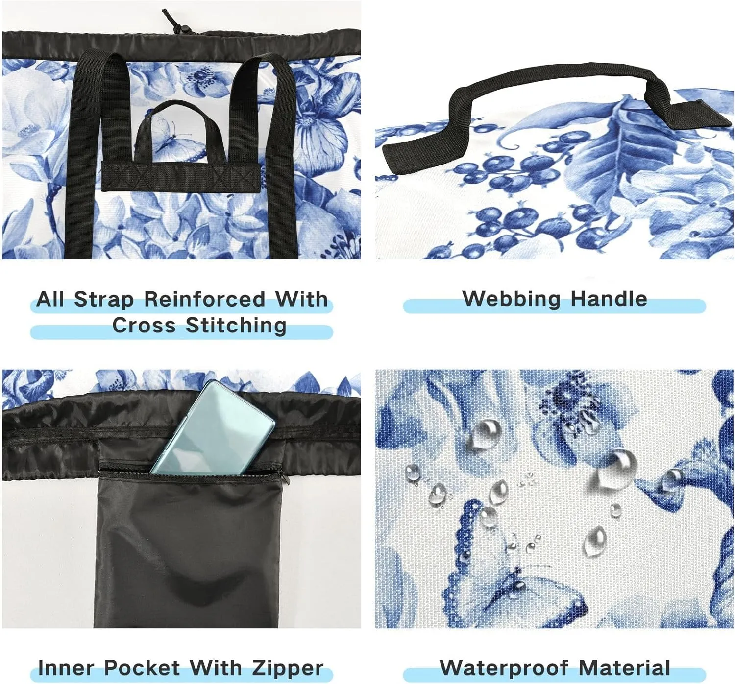Laundry Bag Backpack,Travel Laundry Bags with Shoulder Straps Oxford Large Hanging Laundry Hamper Bag for College,Laundromat,Apartment Blue and White