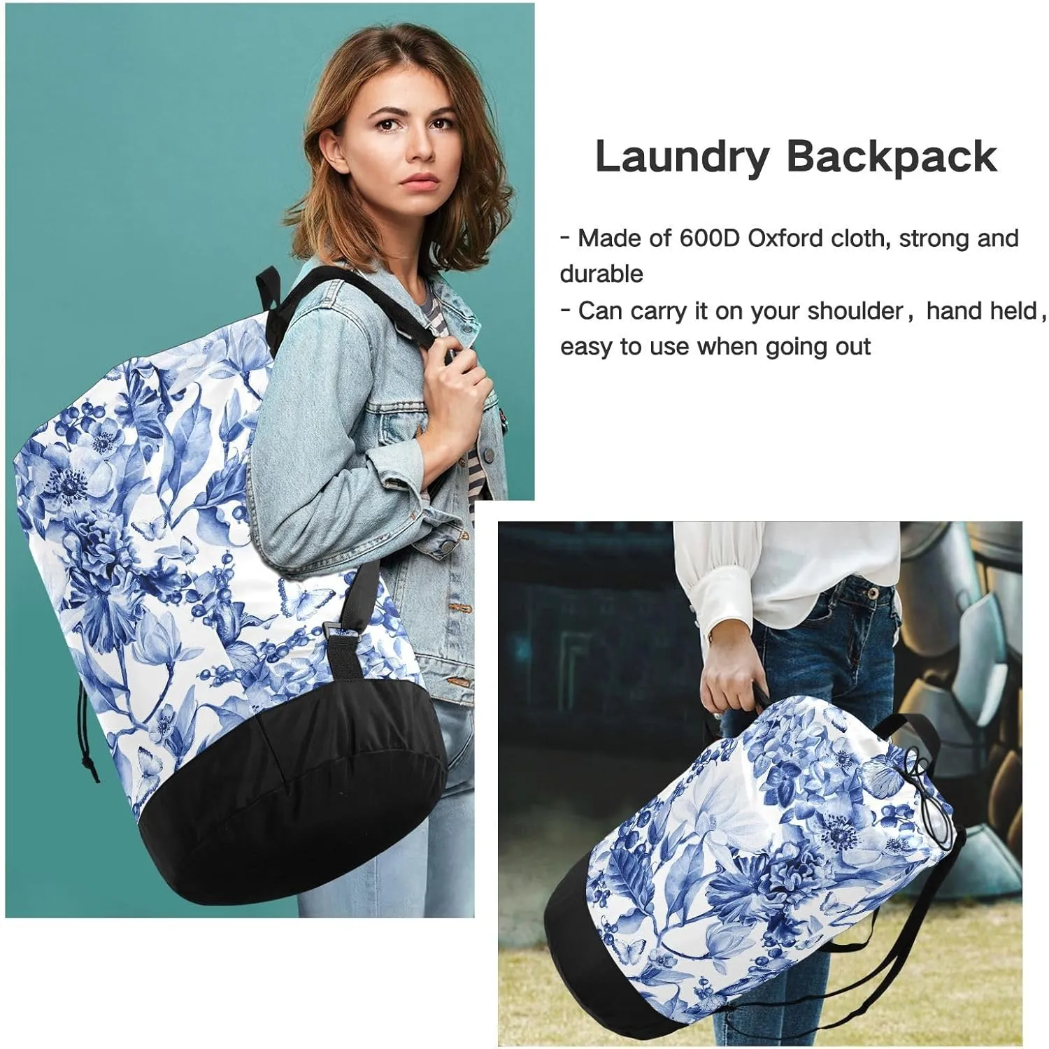 Laundry Bag Backpack,Travel Laundry Bags with Shoulder Straps Oxford Large Hanging Laundry Hamper Bag for College,Laundromat,Apartment Blue and White