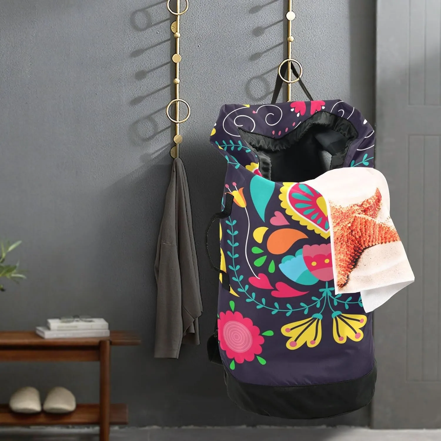 Laundry Bag Backpack,Travel Laundry Bags with Shoulder Straps Oxford Large Hanging Laundry Hamper Bag for College,Laundromat,Apartment Boho