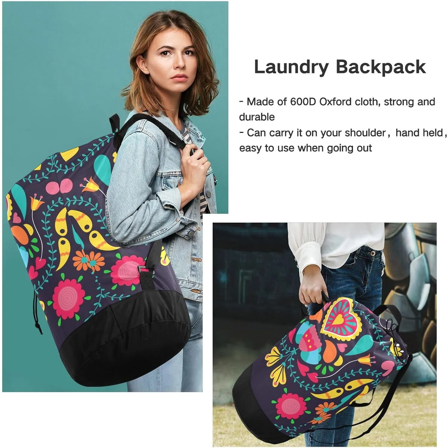Laundry Bag Backpack,Travel Laundry Bags with Shoulder Straps Oxford Large Hanging Laundry Hamper Bag for College,Laundromat,Apartment Boho