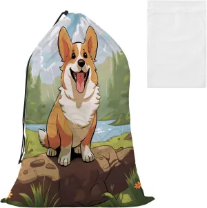 Laundry Bag Cute Breed Welsh Corgi Large Dirty Clothes Organizer Travel Bag with Drawstring for Home