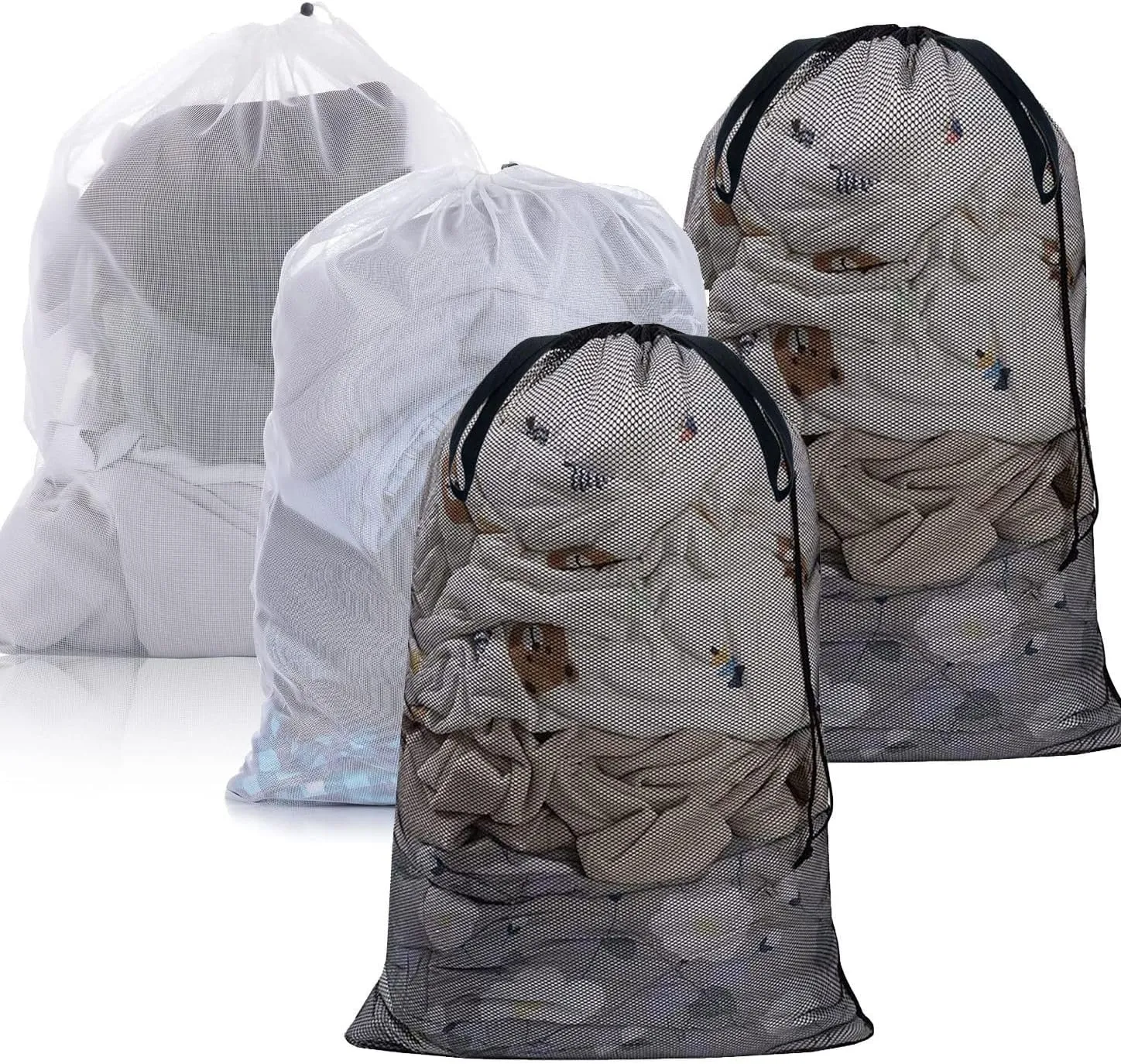 Laundry Bag Drawstring Clothes Wash Bag Window Curtain Clothes Organizer Mesh Laundry Bag Home Dorm, Travel and Outdoor Activities Black/White Matching Set of 6 (Double Handle White Thick Mesh)
