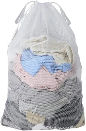 Laundry Bag Drawstring Clothes Wash Bag Window Curtain Clothes Organizer Mesh Laundry Bag Home Dorm, Travel and Outdoor Activities Black/White Matching Set of 6 (Double Handle White Thick Mesh)