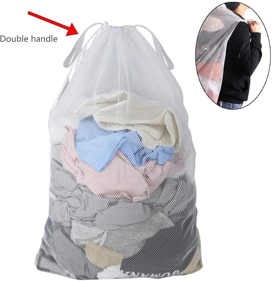 Laundry Bag Drawstring Clothes Wash Bag Window Curtain Clothes Organizer Mesh Laundry Bag Home Dorm, Travel and Outdoor Activities Black/White Matching Set of 6 (Double Handle White Thick Mesh)