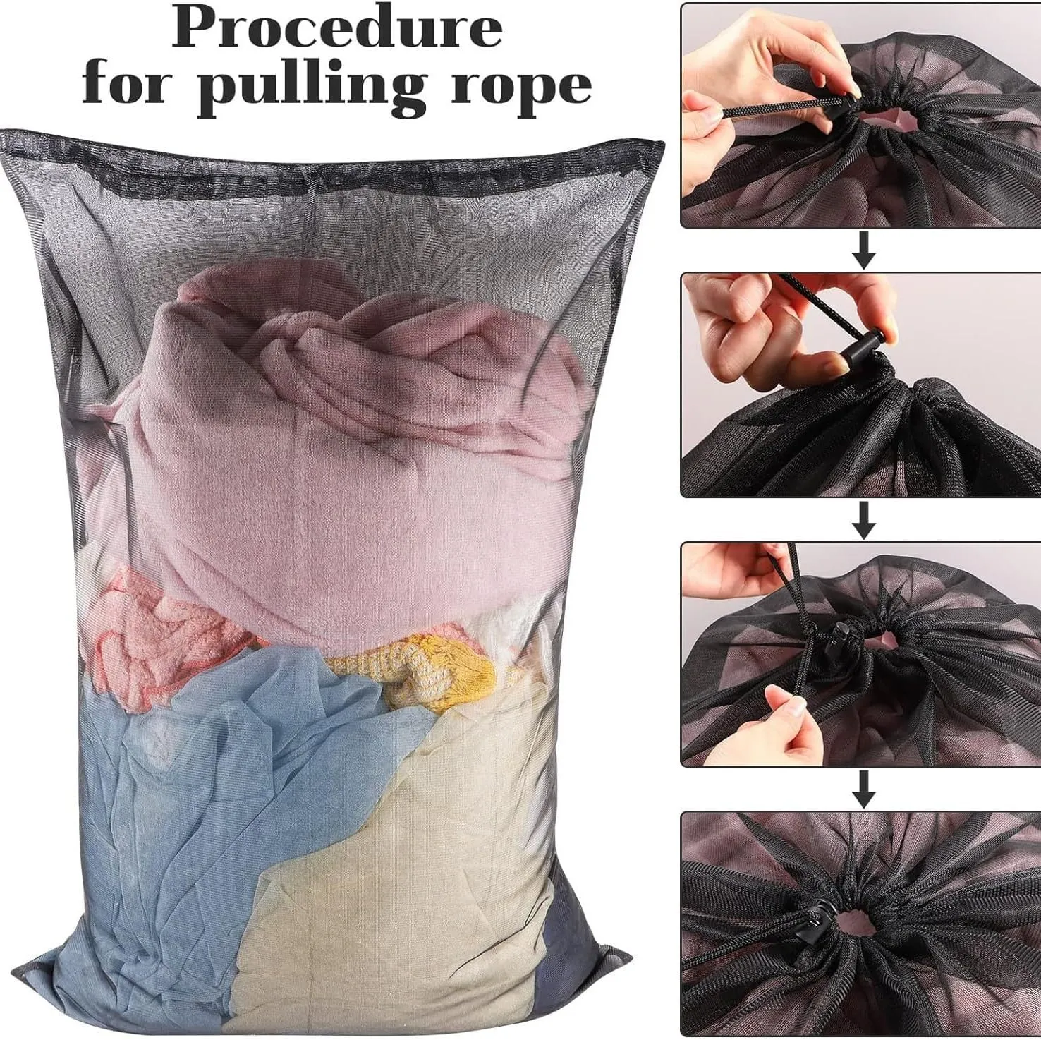 Laundry Bag Drawstring Clothes Wash Bag Window Curtain Clothes Organizer Mesh Laundry Bag Home Dorm, Travel and Outdoor Activities Black/White Matching Set of 6 (Double Handle White Thick Mesh)