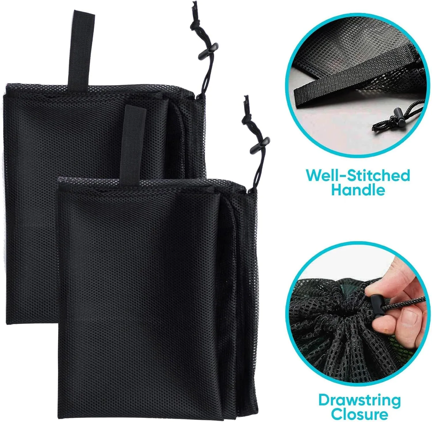 Laundry Bag Drawstring Clothes Wash Bag Window Curtain Clothes Organizer Mesh Laundry Bag Home Dorm, Travel and Outdoor Activities Black/White Matching Set of 6 (Double Handle White Thick Mesh)