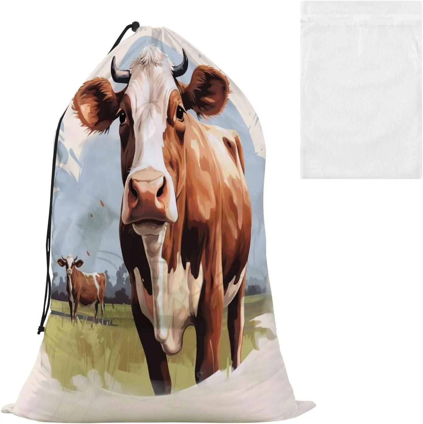 Laundry Bag Grassland Cow Large Dirty Clothes Organizer Travel Bag with Drawstring for Home