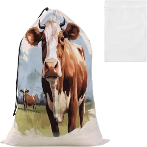 Laundry Bag Grassland Cow Large Dirty Clothes Organizer Travel Bag with Drawstring for Home