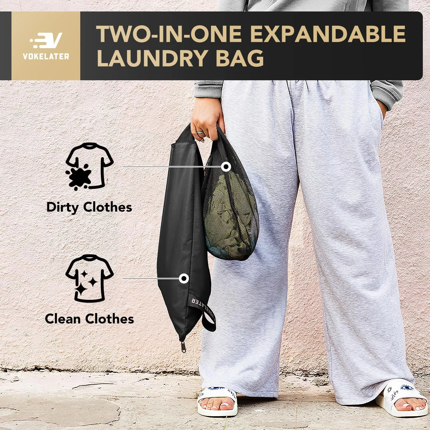 Laundry Bag, Vokelater Travel Laundry Bags Scalable One Mesh Pocket, Clothes Hamper Bag Dirty Clothes Organizer Travel Suitcase Organizer for College, Laundromat, Workers, Sports, Large Black