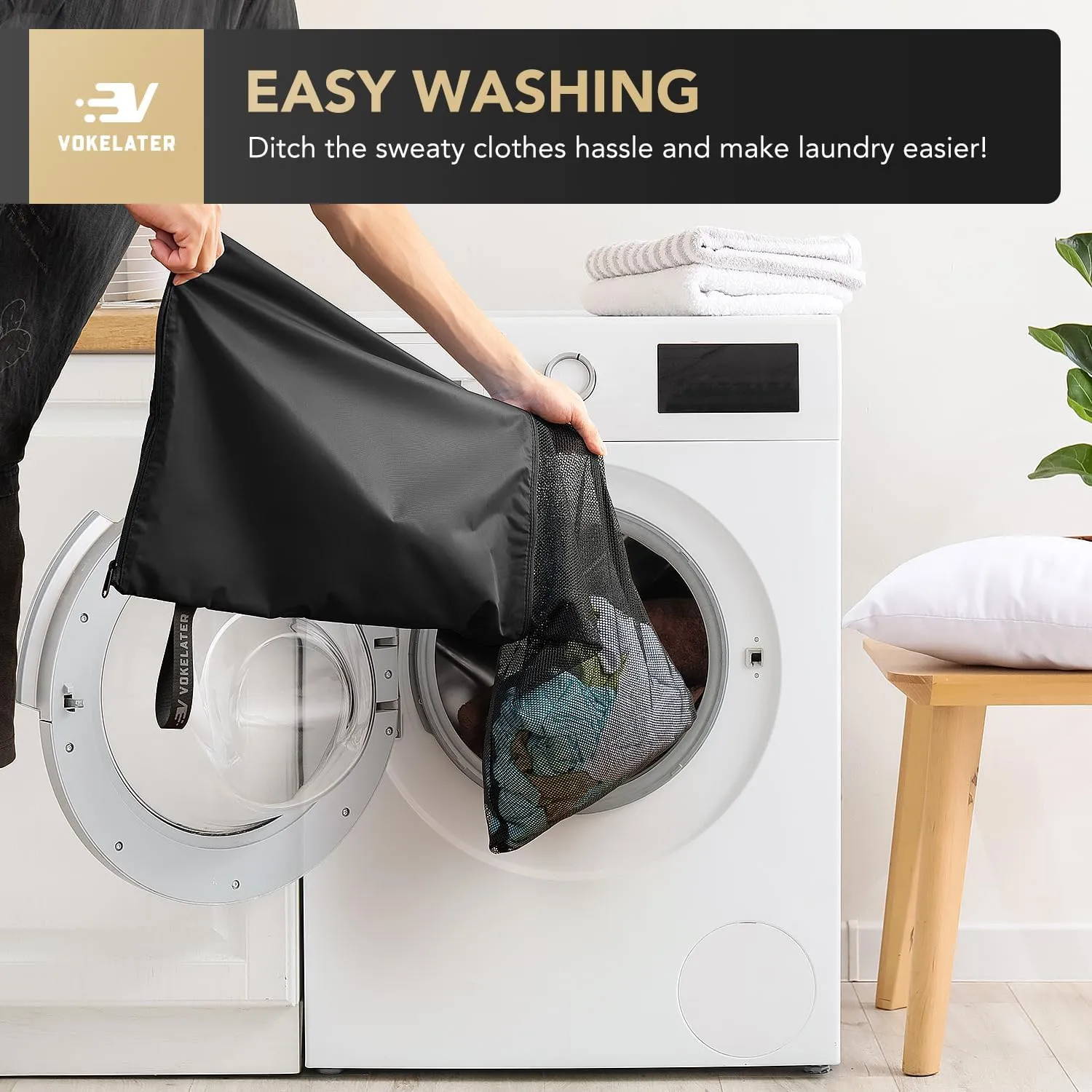 Laundry Bag, Vokelater Travel Laundry Bags Scalable One Mesh Pocket, Clothes Hamper Bag Dirty Clothes Organizer Travel Suitcase Organizer for College, Laundromat, Workers, Sports, Large Black