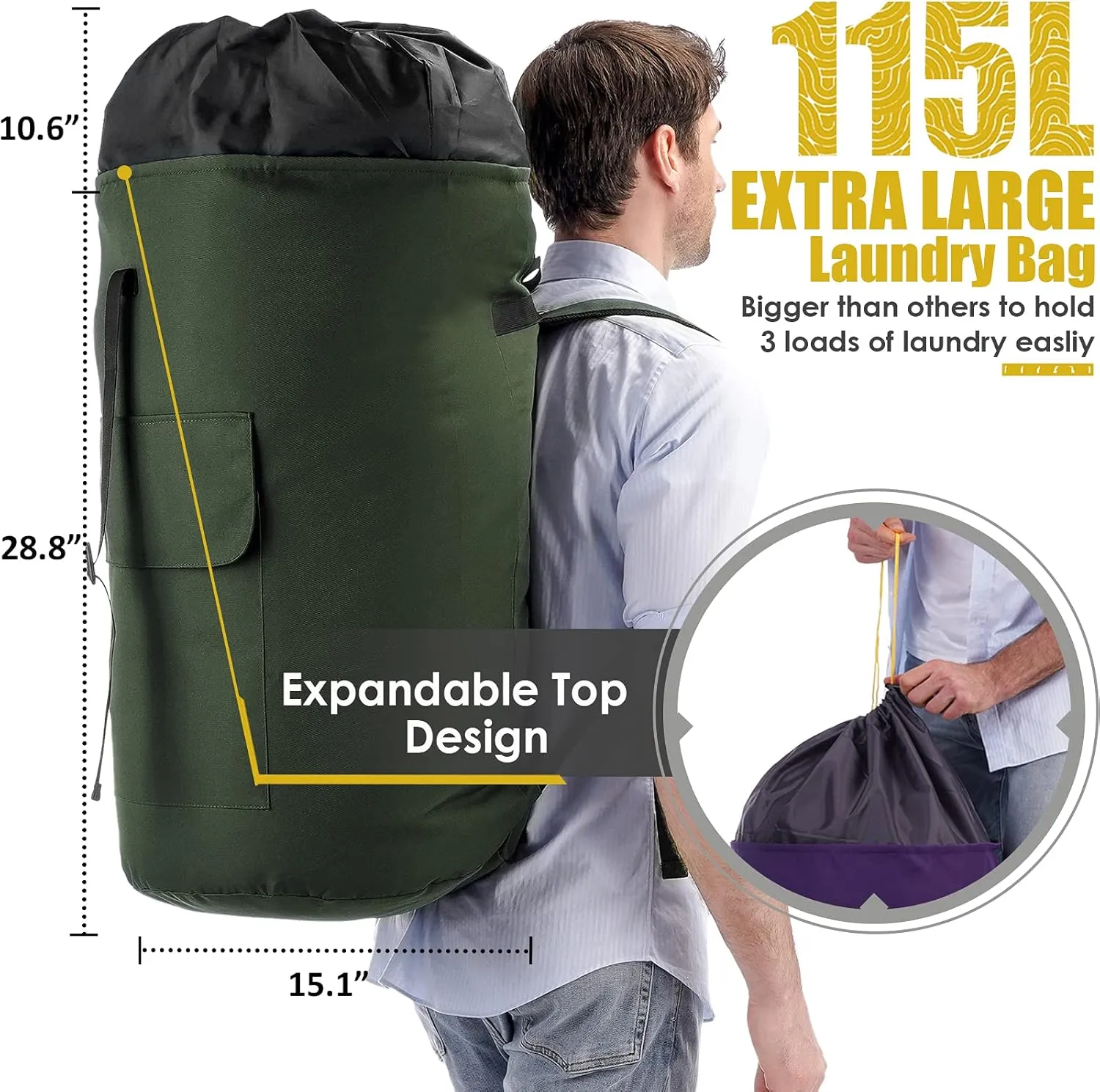Laundry Bags Extra Large Heavy Duty, 115L Laundry Backpack, Sturdy Laundry Bag with Shoulder Straps, Army Green Laundry Bag for College, Top Loading Duffle Bag for Camp, Travel, Dorm, Apartment