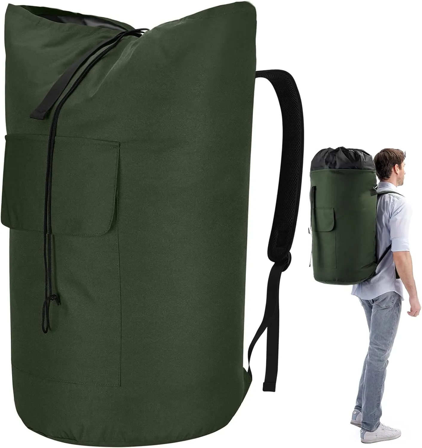 Laundry Bags Extra Large Heavy Duty, 115L Laundry Backpack, Sturdy Laundry Bag with Shoulder Straps, Army Green Laundry Bag for College, Top Loading Duffle Bag for Camp, Travel, Dorm, Apartment